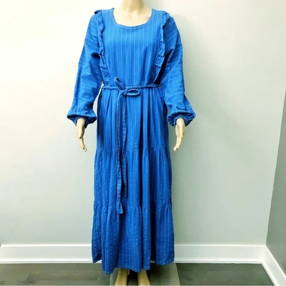 Vintage Oversized Boho Babydoll Navy Blue Stripes Casual Loose Fit Maxi Dress.XL - Picture 14 of 16